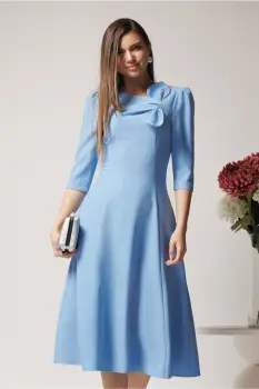Rochie LaDonna office din stofa bleu cu funda la bust imagine