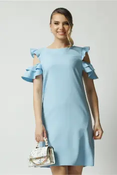 Rochie LaDonna office din stofa bleu cu volane la maneci imagine