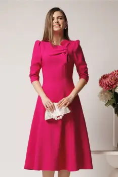 Rochie LaDonna office din stofa magenta cu funda la bust imagine