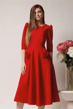 Rochie LaDonna office din stofa rosie cu flori maxi pe buzunare imagine