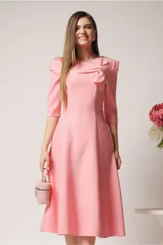 Rochie LaDonna office din stofa roz cu funda la bust imagine