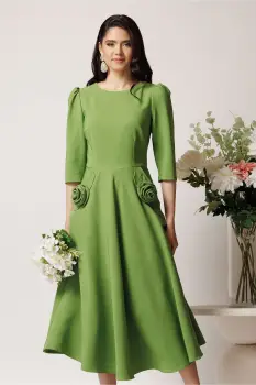 Rochie LaDonna office din stofa verde cu flori maxi pe buzunare imagine