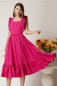 Rochie Lauren midi fucsia din triplu voal cu volane si spatele gol imagine