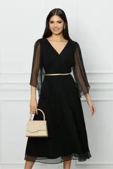 Rochie Leonard Collection neagra din matase cu banda aurie in talie imagine
