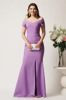 Rochie lila lunga din stofa cu decolteu barcuta si crapatura pe picior- LaDonna imagine