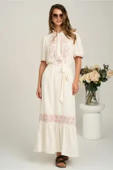 Rochie lunga alba din viscoza cu broderie pastelata si cordon in talie imagine