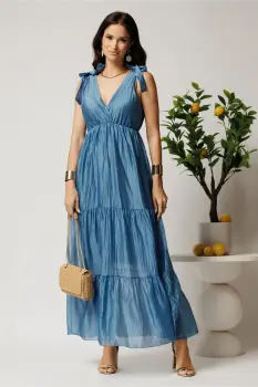 Rochie lunga albasta din tencel cu funde la umeri imagine