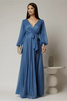 Rochie lunga albastra cu glitter cu decolteu petrecut si cordon in talie imagine