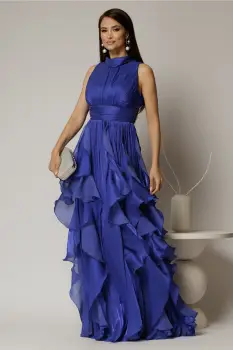 Rochie lunga albastra de seara cu volanase din voal peliculizat imagine