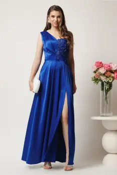 Rochie lunga albastra din tafta cu flori la bust- Ella Collection Madison imagine