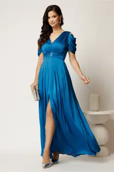 Rochie lunga albastra din voal cu strasuri in talie imagine