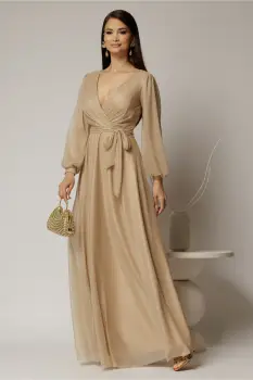 Rochie lunga bej cu glitter cu decolteu petrecut si cordon in talie imagine