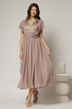 Rochie lunga bej de ocazie cu broderie la bust si detaliu in talie imagine