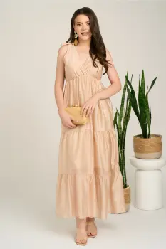 Rochie lunga bej din tencel cu funde la umeri imagine