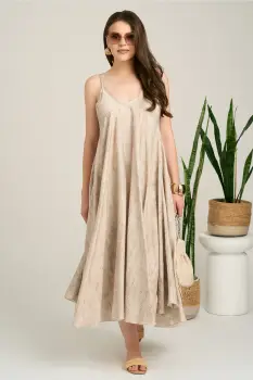 Rochie lunga bej din viscoza cu croi tip A si bretele subtiri imagine