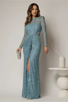 Rochie lunga bleu de seara din dantela cu crepeu pe fusta imagine