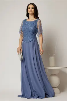 Rochie lunga bleu de seara din voal si aplicatii de paiete la bust imagine