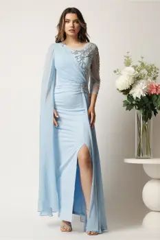 Rochie lunga bleu din neopren cu strasuri si tull imagine
