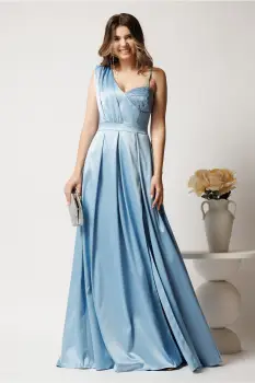 Rochie lunga bleu din tafta in clos cu strasuri la bust- Moze imagine