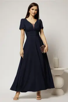 Rochie lunga bleumarin de ocazie cu decolteu adanc si maneci scurte evazate imagine