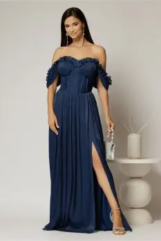 Rochie lunga bleumarin de ocazie din voal peliculizat cu bust tip corset imagine