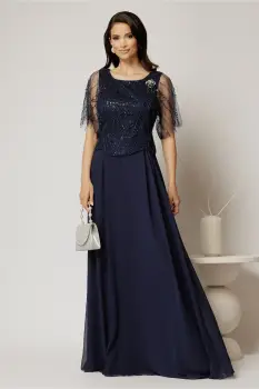 Rochie lunga bleumarin de seara din voal si aplicatii de paiete la bust imagine