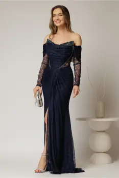 Rochie lunga bleumarin de seara tip sirena din dantela si decolteu accesorizat imagine