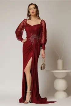 Rochie lunga bordo de seara din dantela cu strassuri pe talie si decolteu imagine