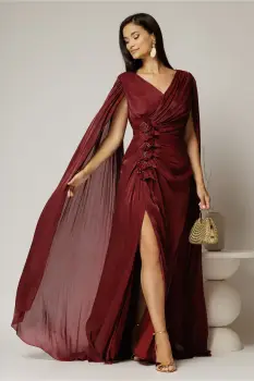 Rochie lunga bordo de sera din voal peliculizat cu aplicatii pe talie imagine