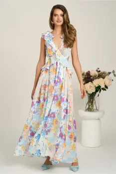 Rochie lunga cu imprimeu bleu si mov din voal in clos cu spatele gol si volanase imagine