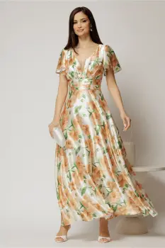 Rochie lunga de ocazie cu imprimeuri maro si verde din material satinat imagine