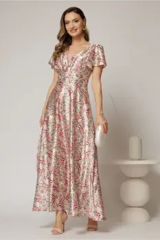 Rochie lunga de ocazie cu imprimeuri roz din material satinat imagine