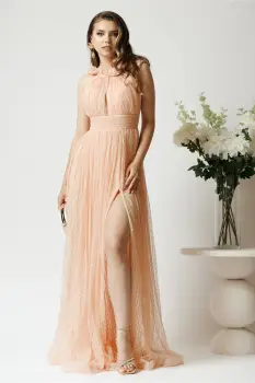 Rochie lunga de ocazie din dantela roz piersica cu glitter imagine