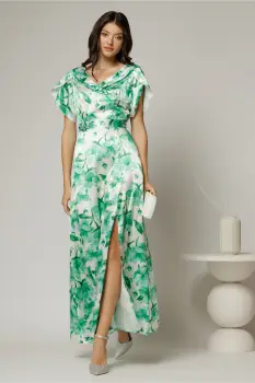 Rochie lunga de ocazie din satin cu imprimeuri verzi imagine