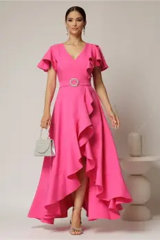 Rochie lunga de ocazie din stofa fucsia cu volane si cordon in talie imagine