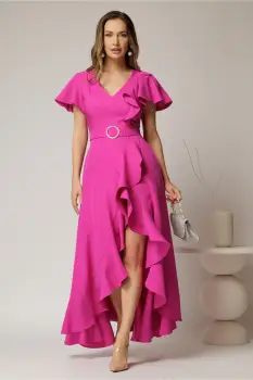 Rochie lunga de ocazie din stofa fucsia cu volane si cordon in talie imagine