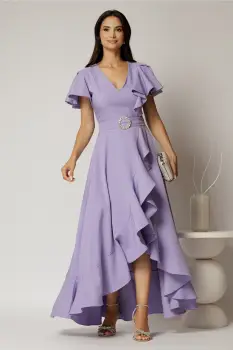 Rochie lunga de ocazie din stofa lila cu volane si cordon in talie imagine