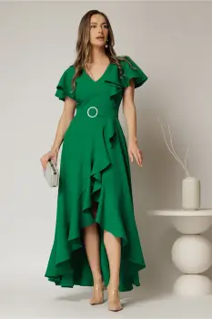Rochie lunga de ocazie din stofa verde cu volane si cordon in talie imagine