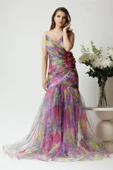 Rochie lunga de ocazie din tull mov cu imprimeuri galbene si floare maxi pe talie imagine