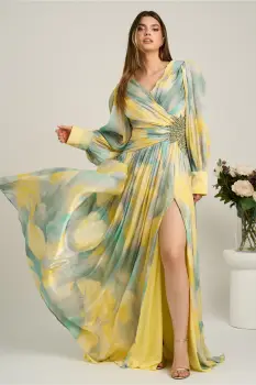 Rochie lunga de ocazie din voal galbena cu imprimeuri verde mint si strasuri in talie imagine