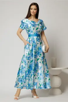 Rochie lunga de ocazie ivoar cu imprimeuri bleu imagine