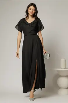Rochie lunga de ocazie neagra din voal sidefat imagine