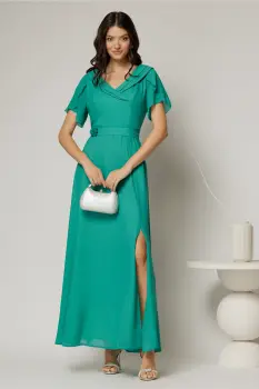 Rochie lunga de ocazie verde din voal sidefat imagine