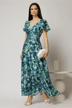 Rochie lunga de ocazie verde mint cu imprimeuri din material satinat imagine