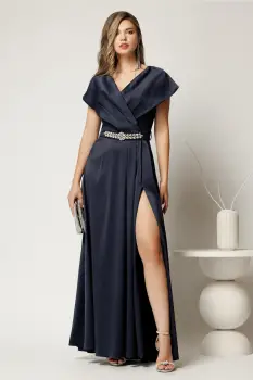 Rochie lunga de seara din tafta bleumarin cu accesoriu pe talie imagine