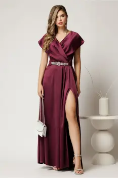 Rochie lunga de seara din tafta mov pruna cu accesoriu pe talie imagine