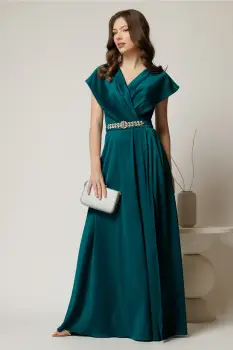 Rochie lunga de seara din tafta verde cu accesoriu pe talie imagine