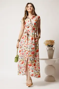 Rochie lunga de zi ivory cu flori corai din in cu croi drept si cordon in talie imagine