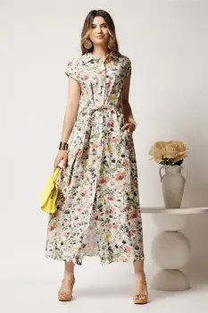 Rochie lunga de zi ivory cu flori verzi din in cu croi drept si cordon in talie imagine