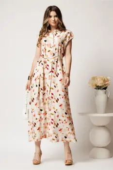 Rochie lunga de zi ivory cu frunze maro din in cu croi drept si cordon in talie imagine